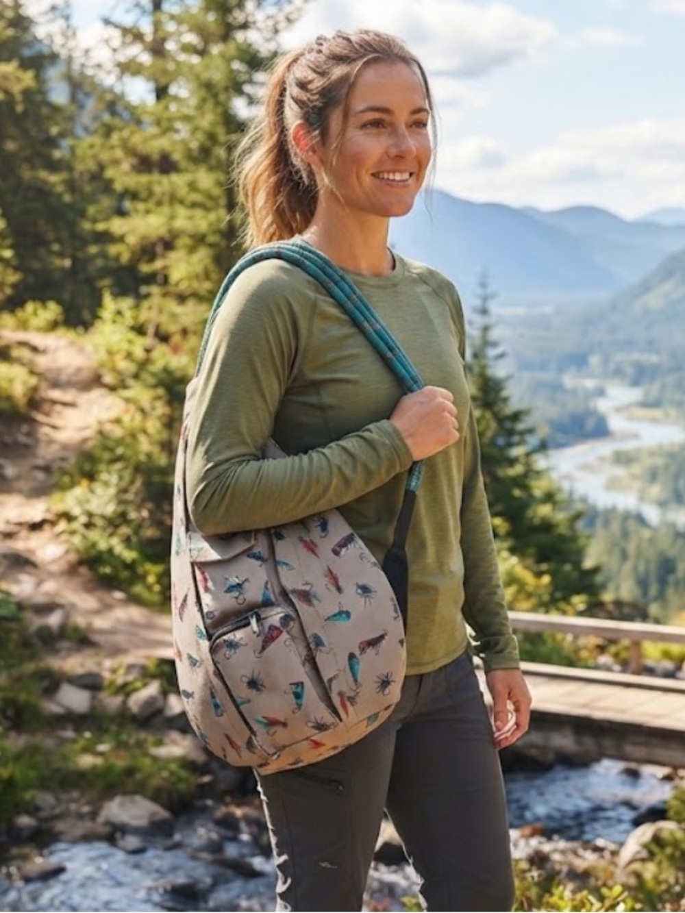 Kavu Unisex Beige Fish Print Sling Bag in Beige